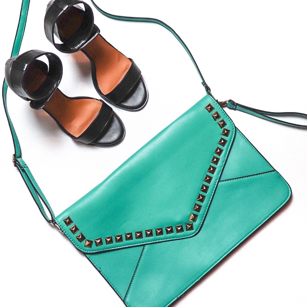 NASTY GAL Envelope Teal Studded Crossbody Clutch